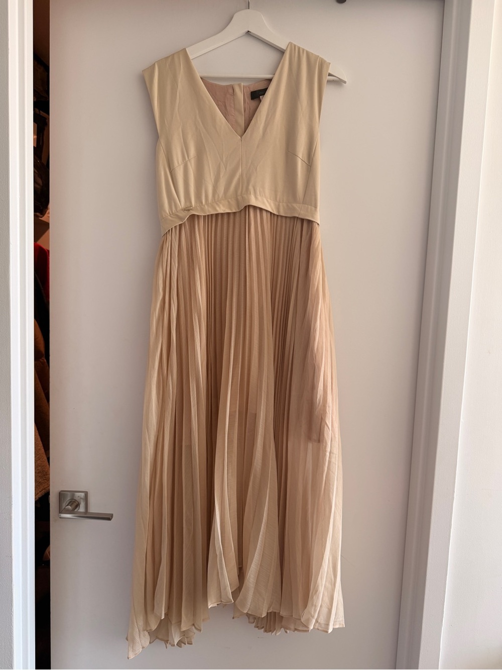 Made in Italy beige Pleated V-Neck Cream Maxi Dress